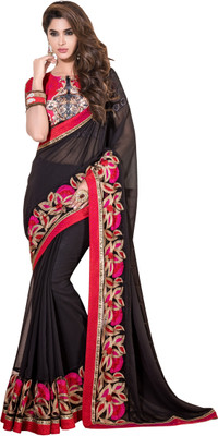 Khushali Self Design, Embroidered Fashion Georgette Saree(Black)