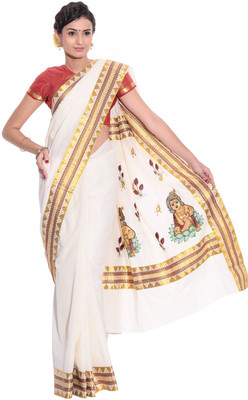 Darps Self Design Balarampuram Cotton Saree(Multicolor), Cream