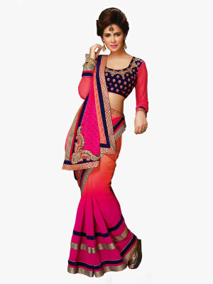 Parisha Embroidered Daily Wear Georgette, Jacquard Saree(Pink, Orange)