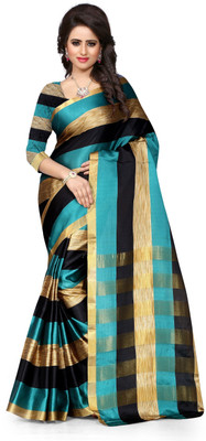 Pehnava Self Design Banarasi Polycotton Saree(Light Green, Gold, Black)