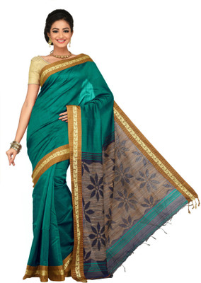 Sangam Kolkata Embellished Tant Cotton Saree(Green)
