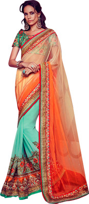 Brijraj Embroidered Fashion Georgette Saree(Green, Orange, Beige), Beige;green;orange