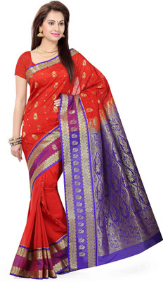 Ishin Woven Fashion Silk Saree(Red), Red & purple