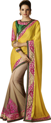 Ewows Embroidered, Self Design Fashion Crepe, Jacquard Saree(Yellow, Beige, Beige;yellow