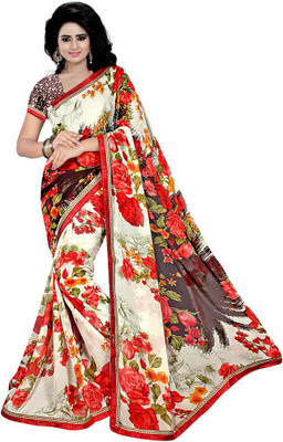 Party Wear Dresses Printed Fashion Chiffon Saree(White)