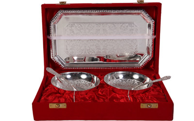 JT International German Silver Bowl Tray Serving Set(Pack of 5)