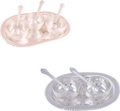 G S Museum 3.5" Met Finish 3 Bowl Set with Oval Tray and 2 Manchurian Bowl Set with Oval Tray Bowl Spoon Tray Serving Set
G S Museum 3.5" Met Finish 3 Bowl Set with Oval Tray and 2 Manchurian Bowl Set with Oval Tray Bowl Spoon Tray Serving Set