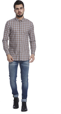 Jack & Jones Men's Checkered Casual Brown Shirt, Brown stone