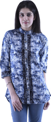 Aarr Women's Printed Casual Blue Shirt