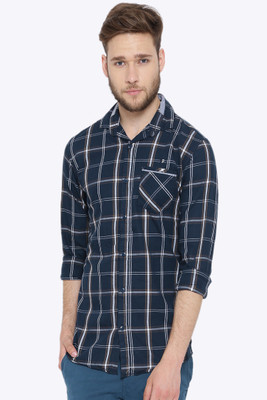 Fifty Two Men's Checkered Casual Dark Blue Shirt, Navy blue.