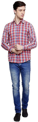 Romanfox Men's Checkered Casual Blue Shirt