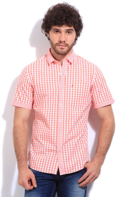 John Players Men's Checkered Casual White, Pink Shirt, 1a4