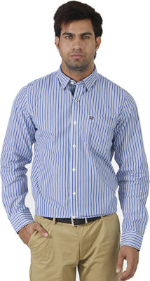 London Fog Men's Striped Formal Blue, White Shirt