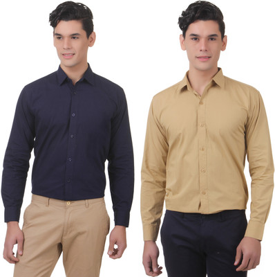 You Forever Men's Solid Casual Blue, Brown Shirt(Pack of 2