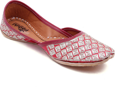 Paduki Ethnic Footwear Mojaris For Women(Red, Silver