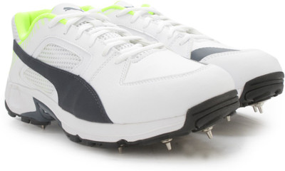 Puma Team Full Spike Cricket Shoes For Men(White, White-new navy-safety yellow