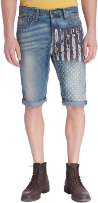 Jack & Jones Self Design Men' Blue Denim Shorts, Medium blue denim