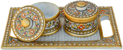 eCraftIndia Stoneware Decorative Platter(Gold, White)