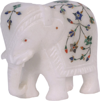 Avinash Handicrafts White alabaster inlaid Elephant Decorative Showpiece - 10 cm(Stoneware, White)