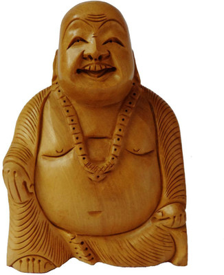 Artifa Wooden Laughing Buddha Decorative Showpiece - 13 cm(Wooden, Brown)