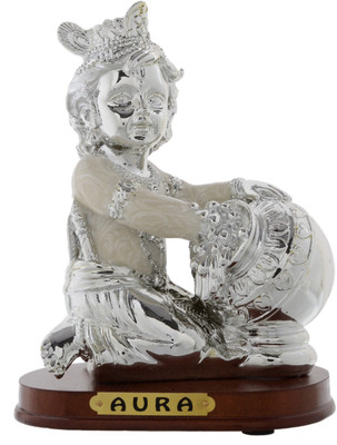 JaipurCrafts Premium Collection Silver Lord Krishna With Makhan Matki Decorative Showpiece - 13.97 cm(Silver Plated, Silver)