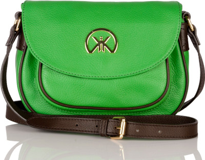 Khiora Women Formal Green, Brown Genuine Leather Sling Bag, Brown;green