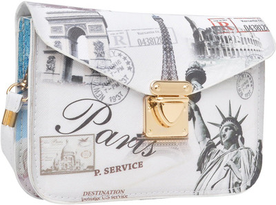Hawai Women Evening/Party White, Black PU Sling Bag, Black;white