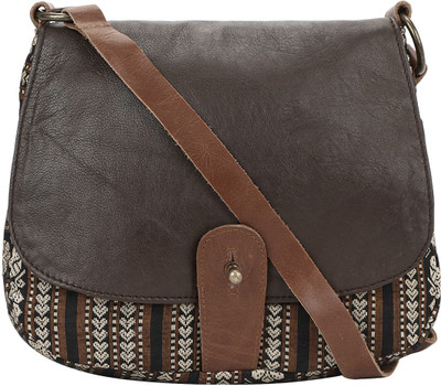 Nandeetas Women Casual Brown Genuine Leather, Brocade Sling Bag
