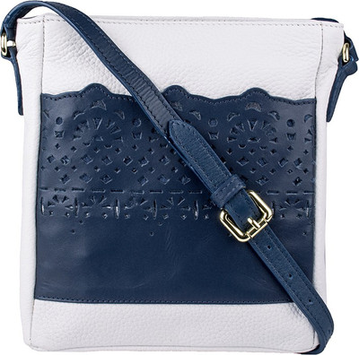Hidesign Women Formal White, Blue Genuine Leather Sling Bag, Blue;white