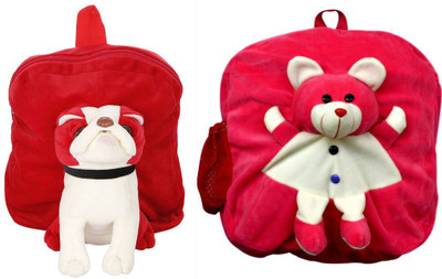 MGP Creation Exclusive Red Pug Dog & Dark Pink Teddy Nursery Kids School Bag - 14 inch(Multicolor)