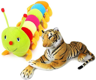 Deals India Stuffed tiger and Caterpillar combo - 10 cm(Brown, Multicolor)
