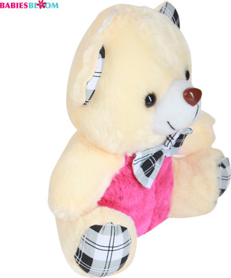 Babies Bloom Pretty Cream Plush Teddy Bear With Check Bow - 20 cm(Cream, Pink)