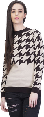 Kalt Self Design Round Neck Casual Women Beige, Brown Sweater