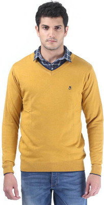Consul Solid V-neck Casual Men Yellow Sweater
