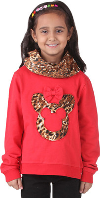 Cherymoya Full Sleeve Self Design Girls Sweatshirt, Red