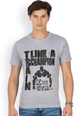 Kingaroo Printed Men' Round Neck Grey T-Shirt, Grey milange