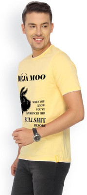 Campus Sutra Printed Men Round Neck Yellow T-Shirt