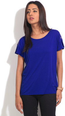 Van Heusen Solid Women's Round Neck Blue T-Shirt, Dark blue solid