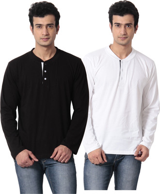 Leana Solid Men's Henley Multicolor T-Shirt(Pack of 2
