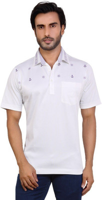 Valeta Printed, Solid Men's Polo Neck White T-Shirt, Brilliant white
