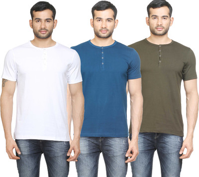 Poshuis Solid Men' Henley White, Blue, Dark Green T-Shirt(Pack of 3, Military green;petrol blue;white