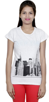 IndiWeaves Girls Printed Cotton T Shirt(White, Pack of 1)
