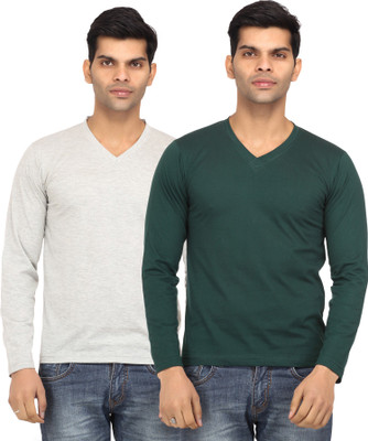 Leana Solid Men's V-neck Grey, Green T-Shirt(Pack of 2, Green;grey