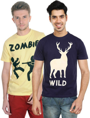 Algotton Graphic Print Men's Round Neck Dark Blue, Yellow T-Shirt(Pack of 2