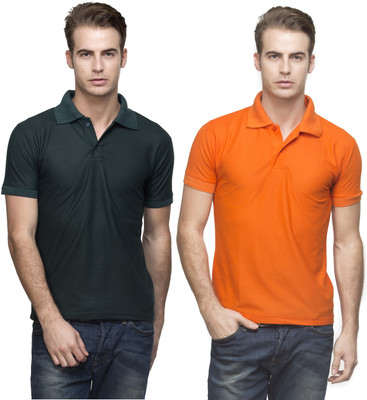 Lambency Solid Men' Polo Neck Dark Green, Orange T-Shirt(Pack of 2