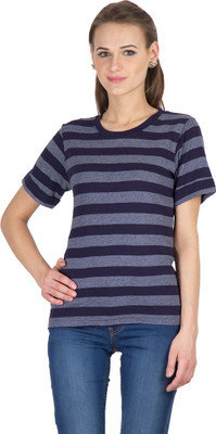 Hypernation Striped Women' Round Neck Blue, Grey T-Shirt