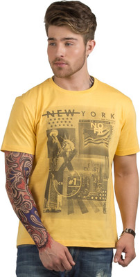 HotTribes Printed Men' Round Neck Yellow T-Shirt, P yellow