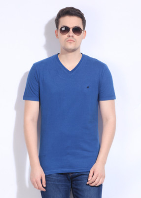 John Players Solid Men's V-neck Blue T-Shirt, 1a3