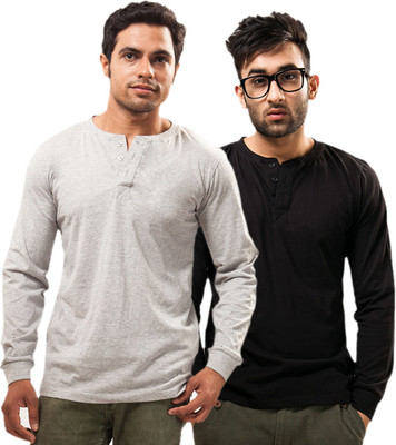 Unisopent Designs Solid Men' Henley Grey, Black T-Shirt(Pack of 2