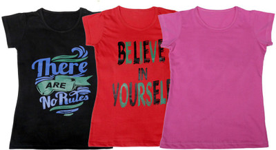 IndiWeaves Girls Printed T Shirt(Multicolor, Black & red & pink
